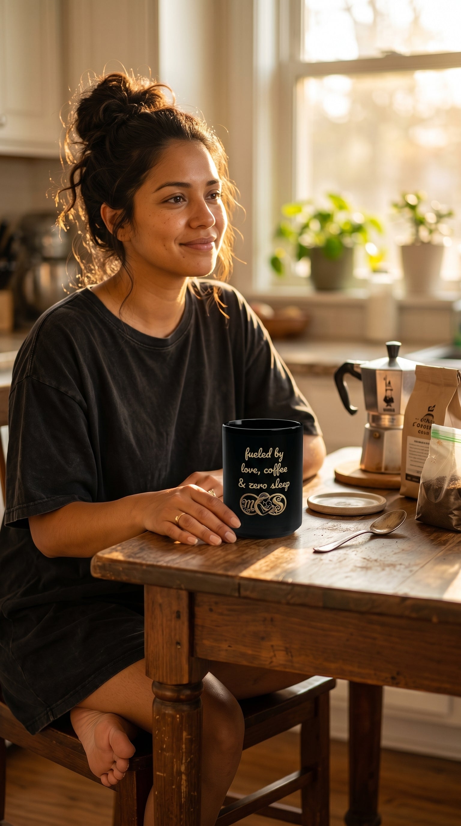 Black Ceramic Mug – "Fueled by Love, Coffee & Zero Sleep" 15oz