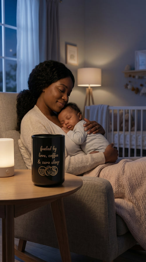Black Ceramic Mug – "Fueled by Love, Coffee & Zero Sleep" 15oz