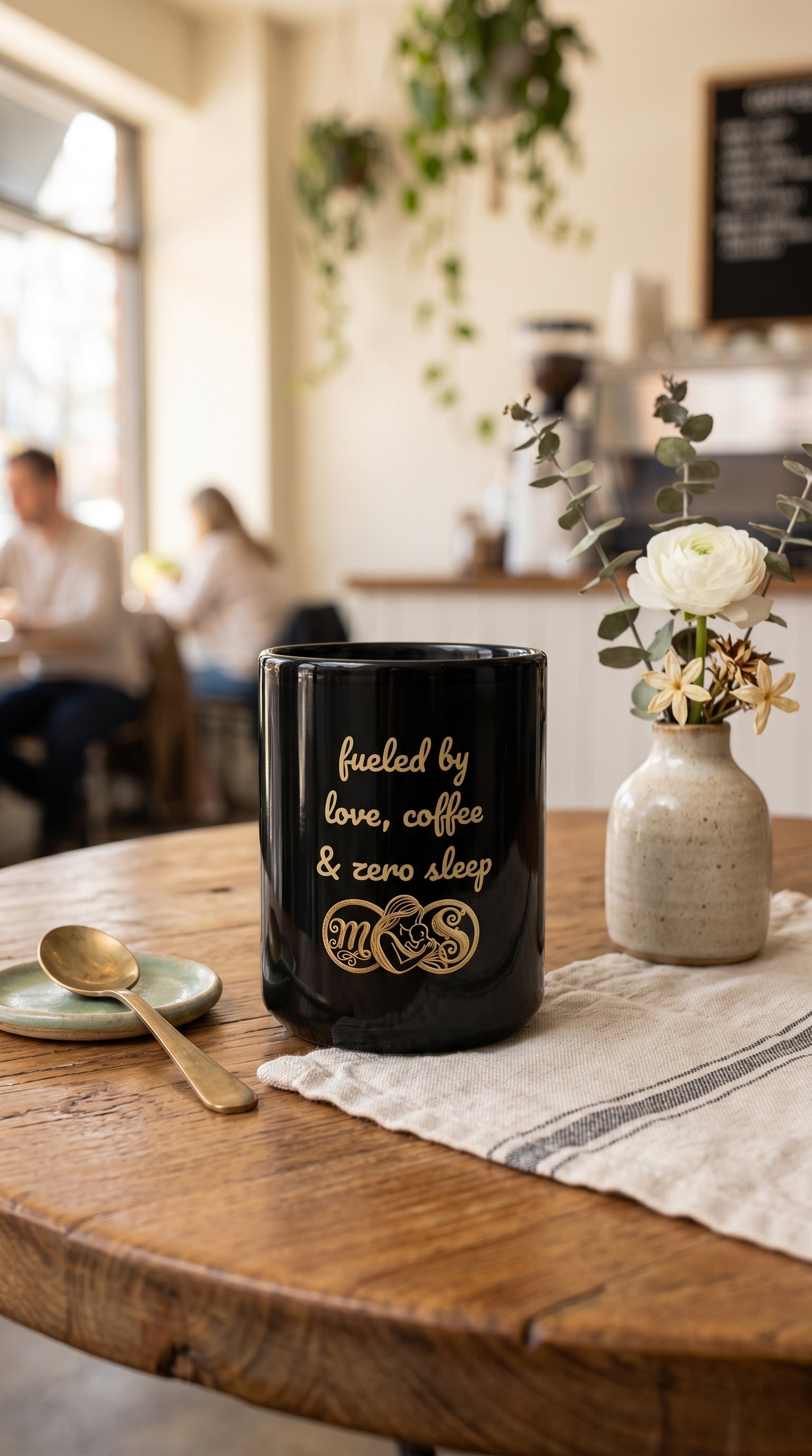 Black Ceramic Mug – "Fueled by Love, Coffee & Zero Sleep" 15oz